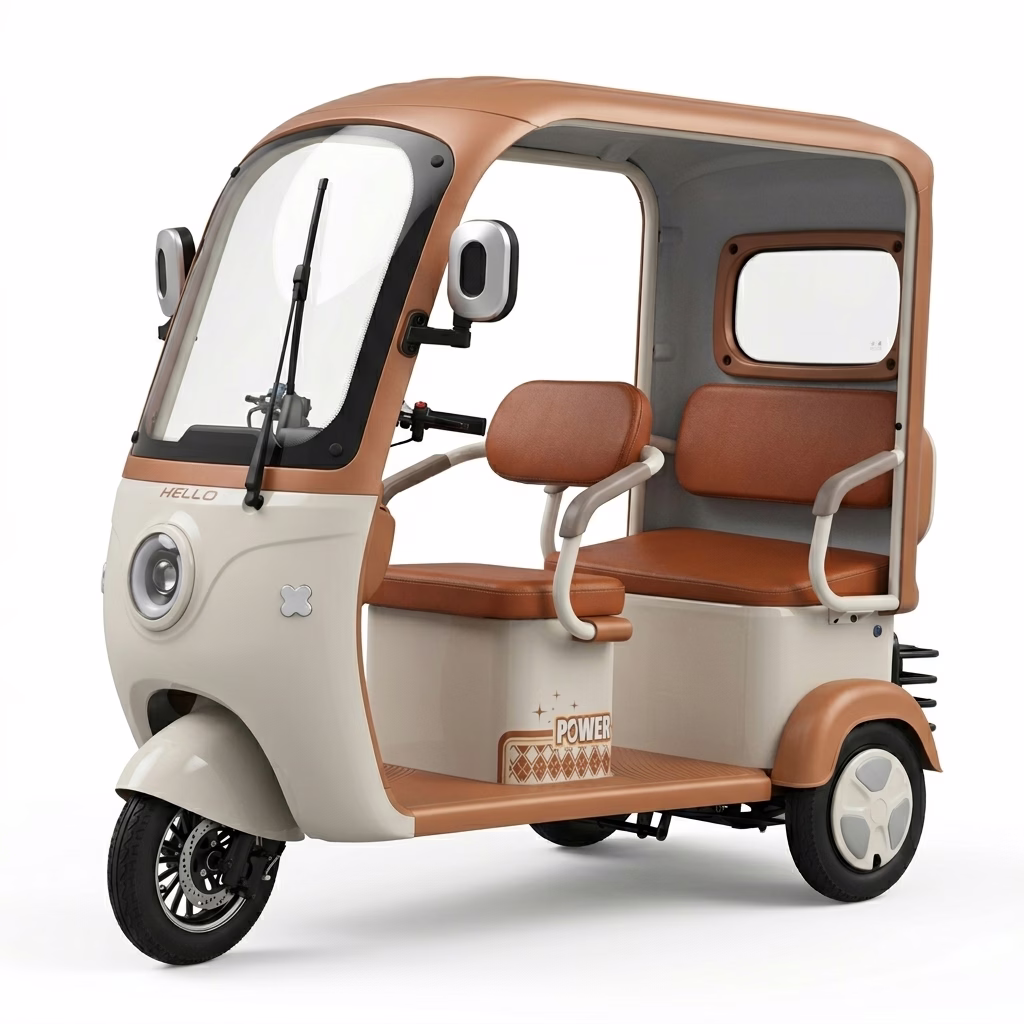 electric tricycle 3 seater - beige enclosed cabin with brown leather seats, front windshield for comfortable urban commute