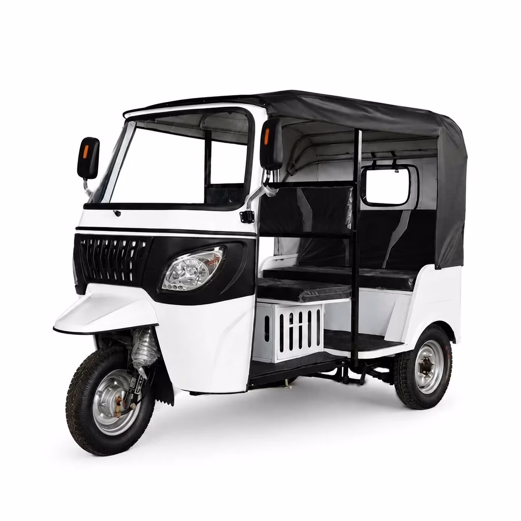 urban electric tuk tuk - Electric three-wheel auto rickshaw with open passenger seating, steel body, designed for urban sight