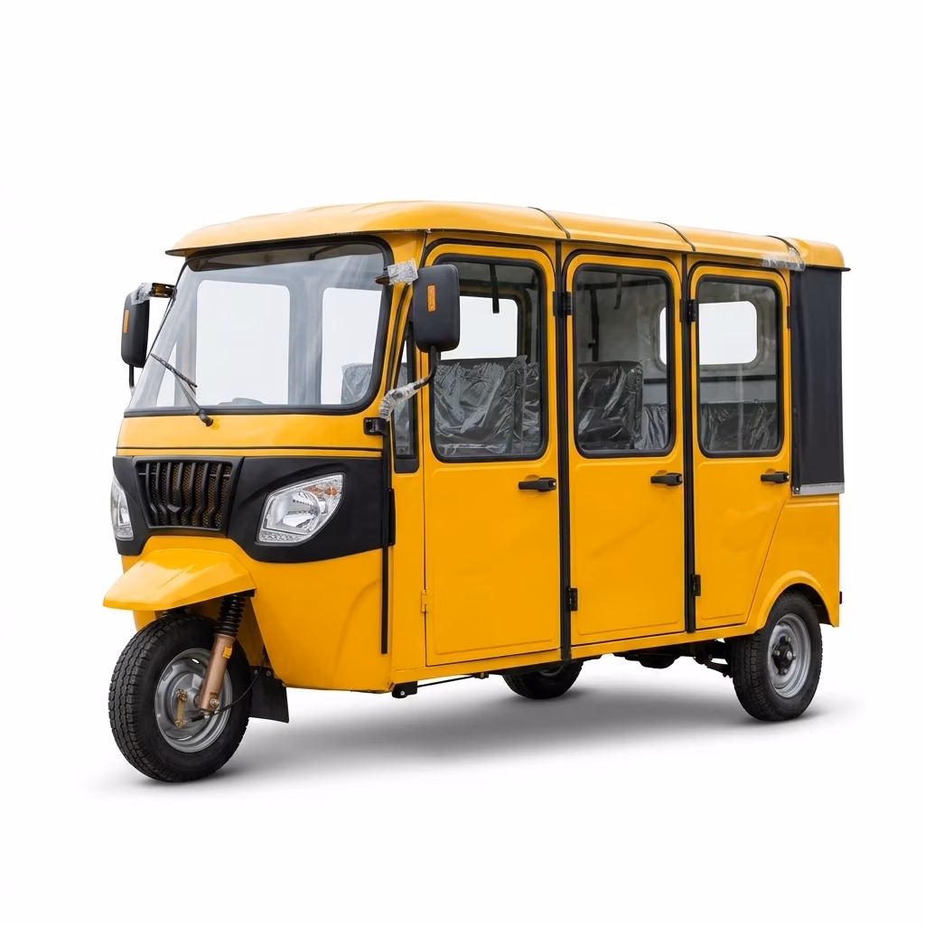 enclosed electric tuk tuk - Black enclosed six-seater electric tuk-tuk with three wheels, roof canopy, and side windows