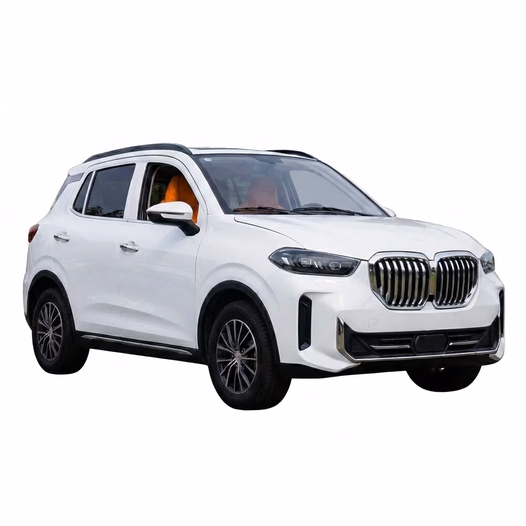 compact enclosed electric car - White four-wheel electric SUV car with five doors shown from front three-quarter angle