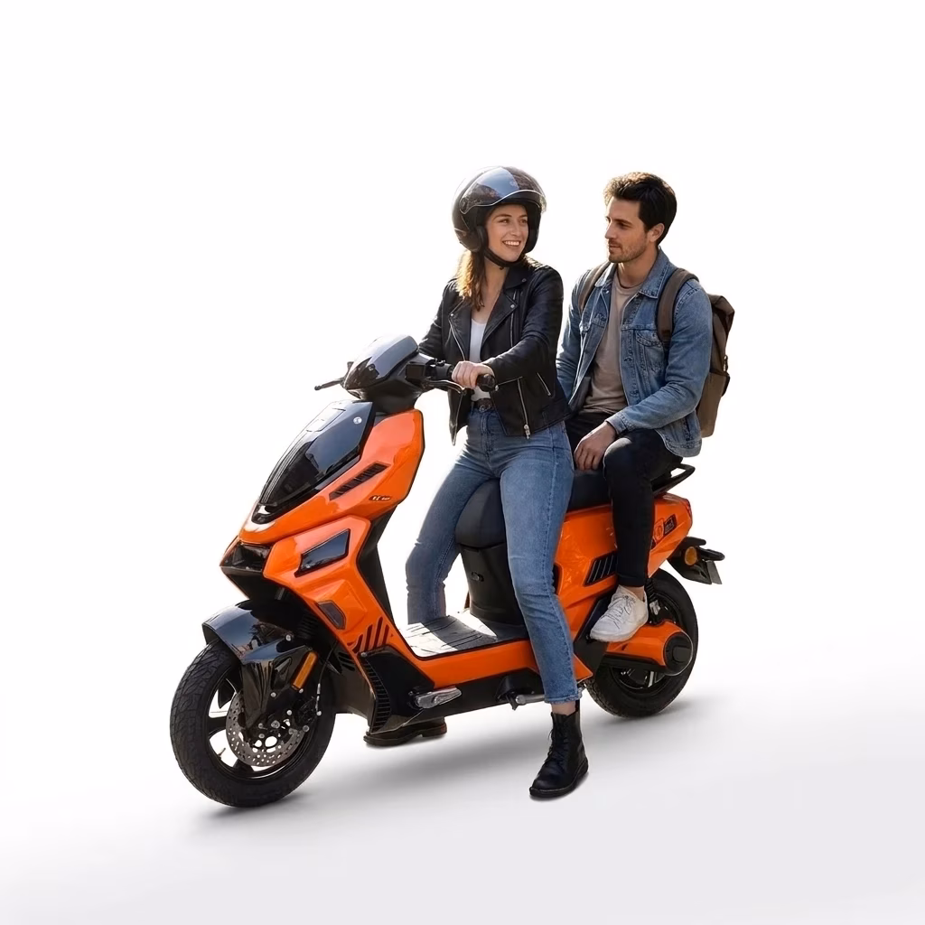 electric leisure scooter - Black electric scooter with dual seat, rear cargo rack, and large tire displayed against white bac